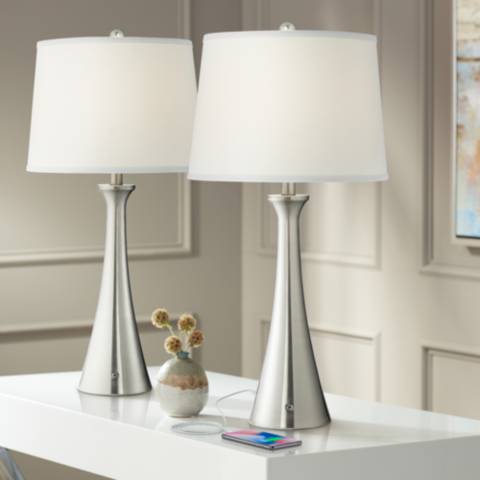 360 Lighting Karl Brushed Nickel USB Lamps Set of 2 with Full Range Dimmers